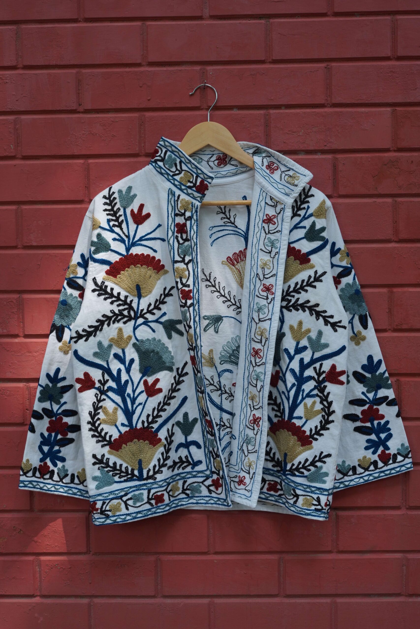 Womens White Velvet Embroidered Jacket with Floral Design