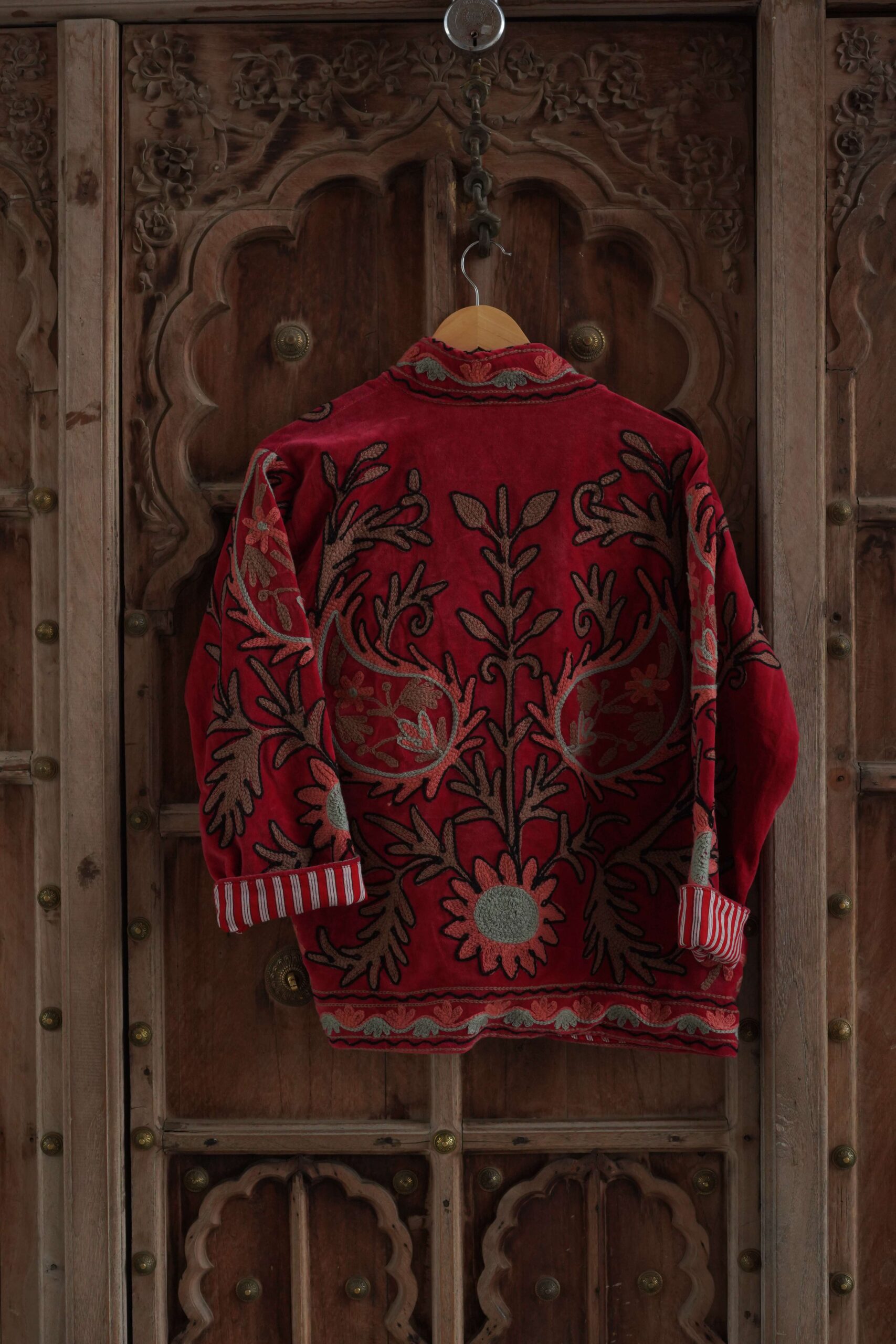 Womens Red Velvet Embroidered Jacket with Floral Design - Image 5