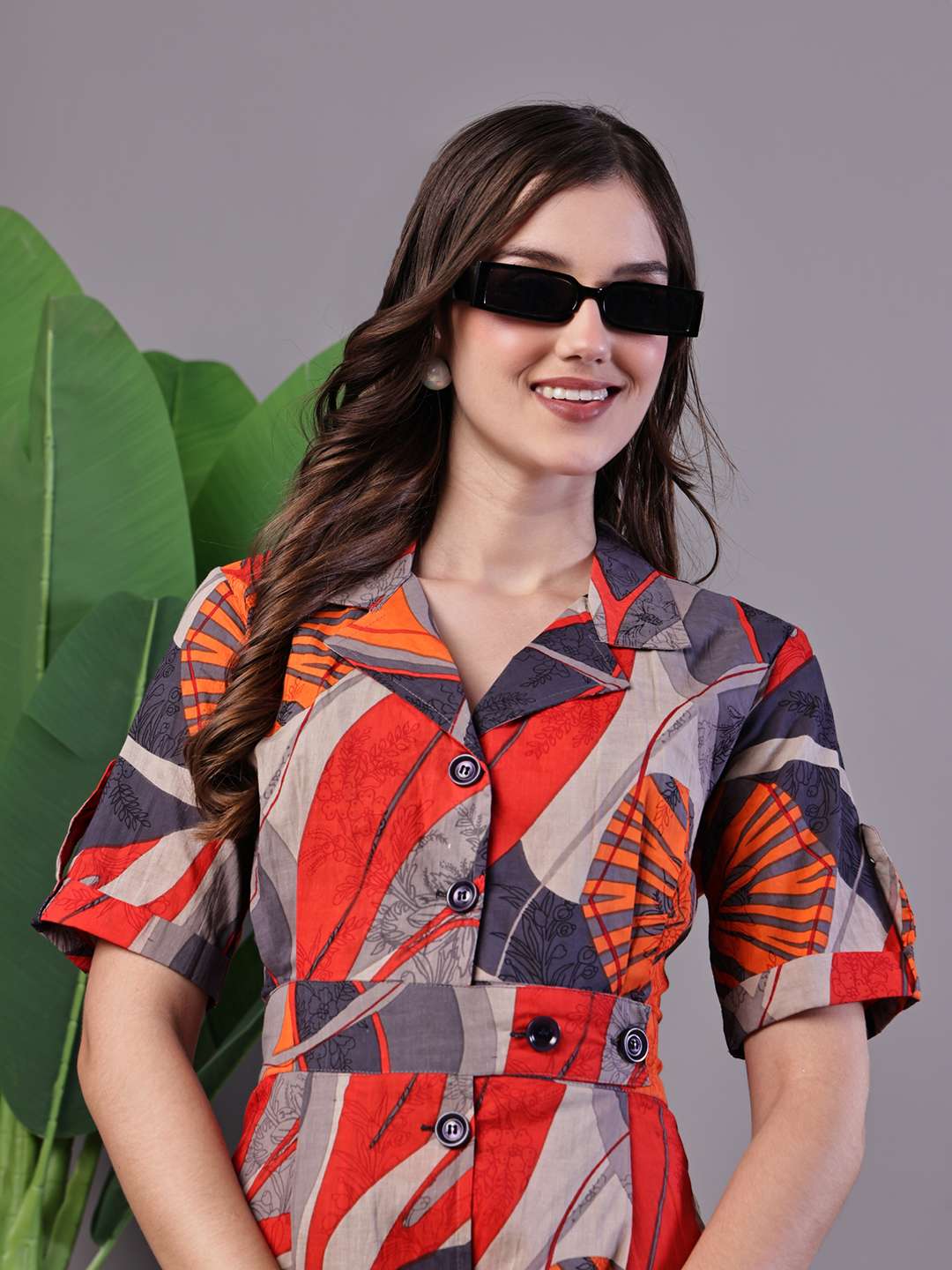 Women's Leaf Print Button-Down Cotton Midi Dress - Image 4